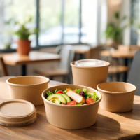 Bol en papier brun biodégradable de qualité alimentaire avec couvercle en papier enduit, logo personnalisé, fournisseur d'emballages pour salades, soupes, riz et nouilles