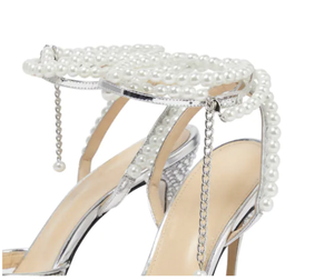 Supporto personalizza discoteca strass fiocco moda catena di perle elegante diamante a punta di cristallo <span class=keywords><strong>argento</strong></span> lace up sexy <span class=keywords><strong>tacchi</strong></span> unici - Product Image 3