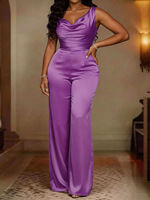 Nouvelle combinaison d'été 2026 pour femme, unie, respirante, en satin, sans manches, taille haute, jambe large, grande taille, élégante et sexy pour les soirées