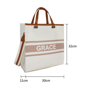Sac fourre-tout en tricot à rayures marron personnalisable – Corps blanc éclatant, bandoulière réglable en PU, prix d'usine compétitifs - Product Image 3