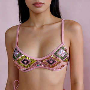 ملابس سباحة نسائية مزينة بالترتر، طقم بيكيني من 3 قطع، توب مثلث، بيكيني برازيلي مخصص لامع - Product Image 3