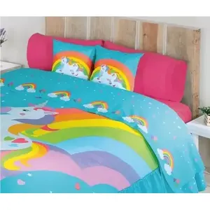 Ensemble de couette licorne de dessin animé 3 pièces, style princesse, literie pour la maison toute saison avec motif arc-en-ciel - Product Image 3