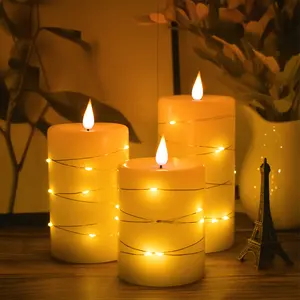 3 unidades por atacado velas sem chama LED pilar 8 cm cera de parafina com luz de corda decoração realista para jantar à luz de velas