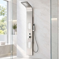 Panneau de douche contemporain en acier inoxydable poli avec jets de pluie et de massage, robinets monomètre, fixation murale pour usage hôtelier