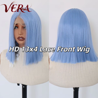 Wig Rambut Sintetis Premium Futura Fibra HD 13*4 Lace Front Tahan Panas, Wig Bob Pendek Biru Realistis