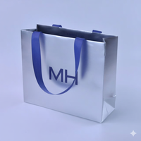 Sac en papier argenté de luxe avec poignée en ruban, durable, réutilisable, imperméable, personnalisable pour cadeaux de beauté, cosmétiques, parfums, soins de la peau