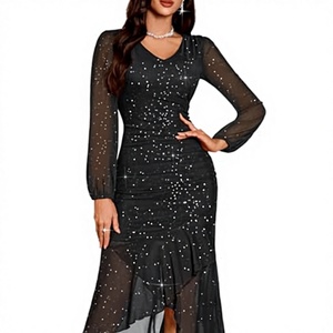 European American <b>Sequin</b> Beaded Tassel Sleeveless Vest V-Neck Bodycon Chiffon Floor-Length Natural Waist Summer Party Dress - Product Image 3