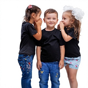 T-shirt en tricot à manches courtes IMRON KIDS noir respirant en polyester 180g, col rond, motif de dessin animé mignon, haut décontracté pour enfants - Product Image 1