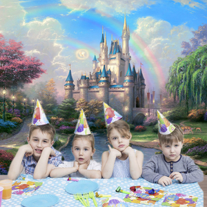 Château rêveur princesse toile de <span class=keywords><strong>fond</strong></span>, ciel <span class=keywords><strong>bleu</strong></span> et nuages blancs arrière-plans pour enfants famille conte de fées princesse fête d'anniversaire - Product Image 3