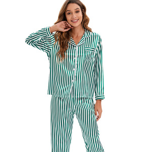 Ensemble de pyjama en satin imprimé classique de luxe pour femmes, cardigan ouvert sur le devant, pantalon long, tenue de nuit rayée florale - Product Image 5
