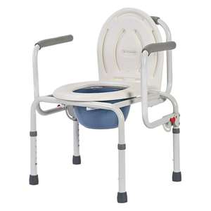 Siège de toilette portable avec accoudoirs et couvercle pour personnes âgées et adultes handicapés, cadre en métal blanc, design pliable - Product Image 1