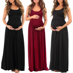 Summer Cotton Pregnant Casual Sleeveless Floor Length Dress Maternity Clothing