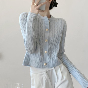 Milk Blue Cable Knit Round Neck Cardigan One Size Solid Color Soft Cozy Women's Sweater Autumn Fresh Sweet Style - Product Image 1