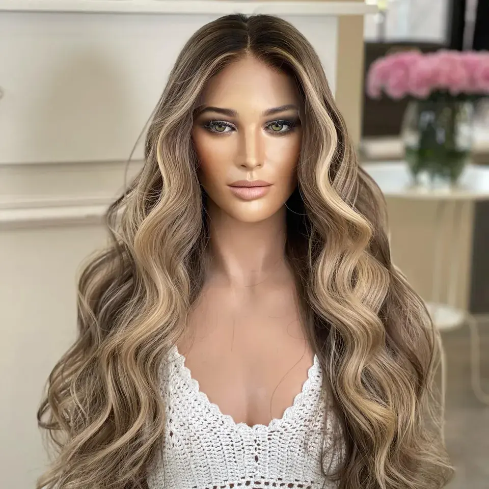 Original Peruvian Human Hair Wig Natural Hairline Highlights Color Deep Wave Long Wigs Human Hair Lace Front Wigs