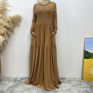 6344# New Long Dress Cotton Material Round Neck Pleated Slim Sleeves With Back Zipper With Side Pockets Simple Elegant Dress - Product Image 2