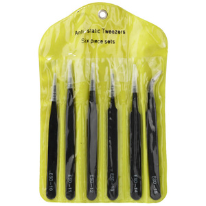 Juego de pinzas antiestáticas, 6 piezas, puntas planas y curvas de acero inoxidable ESD para reparación de productos electrónicos y trabajos de precisión - Product Image 1