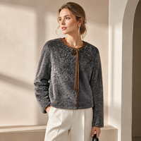 Vintage Damen Woll-Leder Kurzmantel Heather Anthrazit Rundhals Kordelzug Schafsfell Winter Freizeitjacke