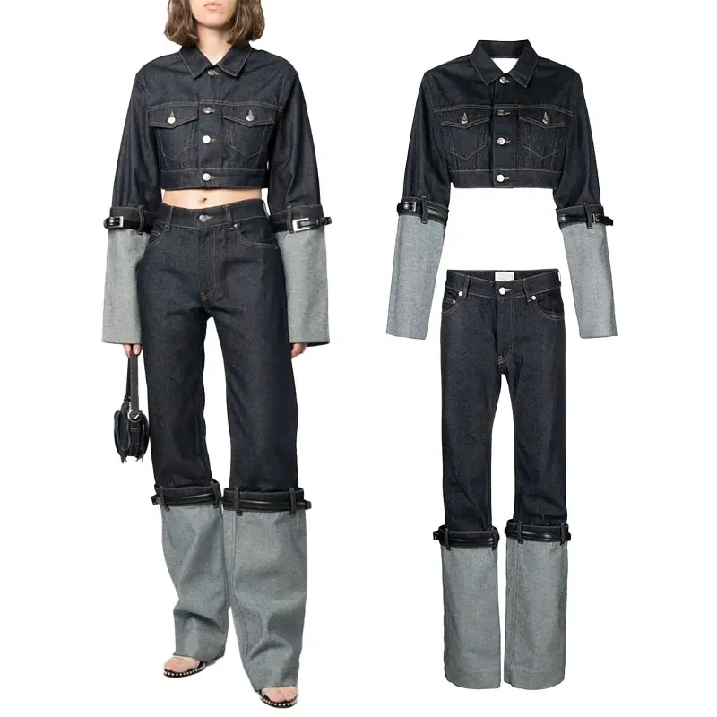 高品質のジーンズ2ピースセット女性ウォッシュドコットンデニムパッチワークボタンポケットクロップドジャケットと逆さまのフレアジーンズセット