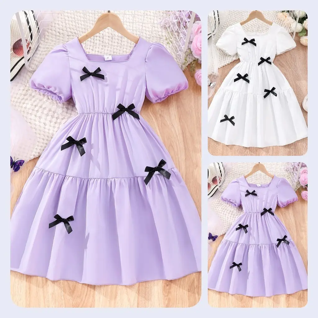 Vestido casual de verão para meninas adolescentes, manga curta, 8, 9, 10, 11, 12 anos, decoração de gravata borboleta, roupa de festa para mulheres, mais novo