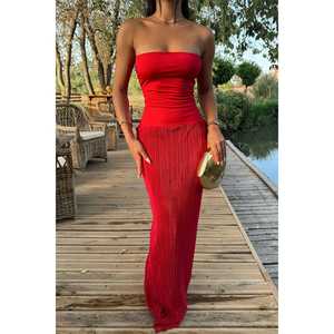 Robe maxi vintage rouge, transparente, en matière légère de spandex, tailles XL à 6XL, à volants, pour les fêtes, les vacances, le printemps et l'automne - Product Image 3