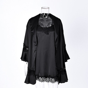 Setelan Dua Potong Baju Tidur dan Jubah Satin Kasual Musim Semi dan Musim Panas dengan Kerah V dan Renda, Lengan Panjang dengan Tali, Pakaian Santai untuk Wanita. - Product Image 3