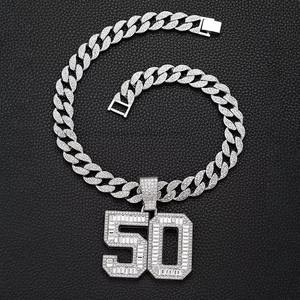 Hip Hop 15MM Gold Miami Prong Full <b>Iced</b> Out Rhinestones Cuban <b>Chain</b> and 50 Number Pendant - Product Image 4