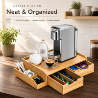 Organisateur de capsules de café en bambou naturel à double niveau avec 2 tiroirs coulissants et 1 boîte latérale pour le rangement des sachets de thé sur comptoir