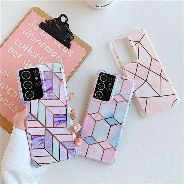 INS Style Plating Geometric Marble Phone Case for Samsung Galaxy S22 Ultra S22 S23 Plus Dual Layer IMD Soft Back Cover Coque