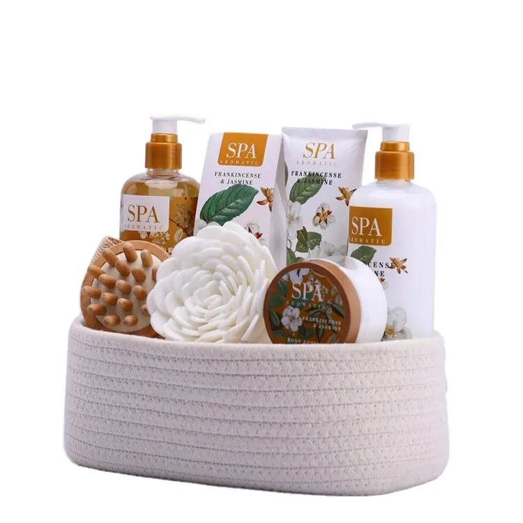 OEM beauty cleansing scrub gel cotton material basket shower gel home spa body care gift set for women