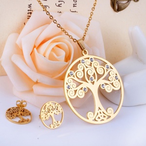 Collier et boucles d'oreilles personnalisés en acier inoxydable, forme ronde creuse, motif Arbre de Vie, ensembles de bijoux très demandés - Product Image 6