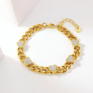 चेन ब्रेसलेट स्टेनलेस स्टील सोने को पूर्ण क्रिस्टल दिलों के साथ सपेटेड लंबाई हाइपोएलर्जेनिक गहने - Product Image 1