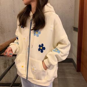 Femmes mignon Floral fermeture éclair sweat à capuche motif surdimensionné Super grand automne décontracté à manches longues veste XS French Terry - Product Image 2