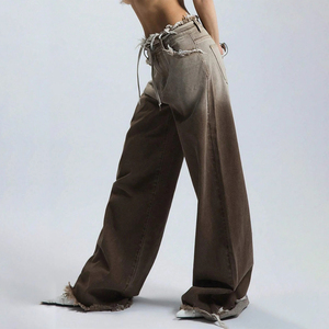 Custom Mop Hip Hop Jeans de las mujeres Desgastado lavado <span class=keywords><strong>Recto</strong></span> Baggy Jeans Moda Vintage Marrón Jeans de las mujeres de alta calidad - Product Image 2