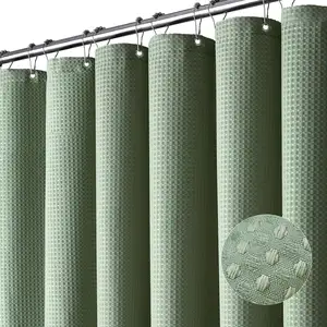 Cortina de ducha de tela de gofres de tela pesada verde resistente a las arrugas para decoración moderna de baño de Hotel