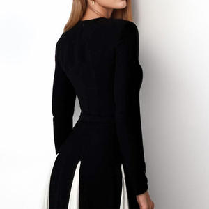 Op maat gemaakte zwart-witte patchwork lange jurken damesmode O-hals lange mouwen slanke bescheiden jurk dames elegant - Product Image 3