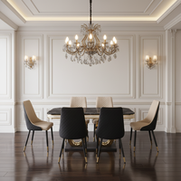 Table à manger de luxe avec plateau en marbre et pieds dorés, et ensemble de chaises de salle à manger en cuir, fourni par l'usine pour hôtels et maisons.