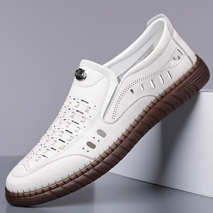 White Leather Loafers Slip-On Breathable Hollow-Out Soft Sole Men's Casual Shoes Summer Driving Shoes - Product Image 1