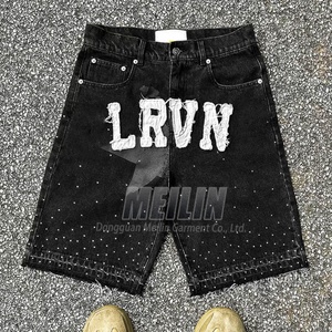 Custom Streetwear Distressed Embroidery <b>Patch</b> Rhinestone Denim <b>Shorts</b> Heavyweight High Quality Rhinestone Jean <b>Shorts</b> <b>Men</b> - Product Image 2