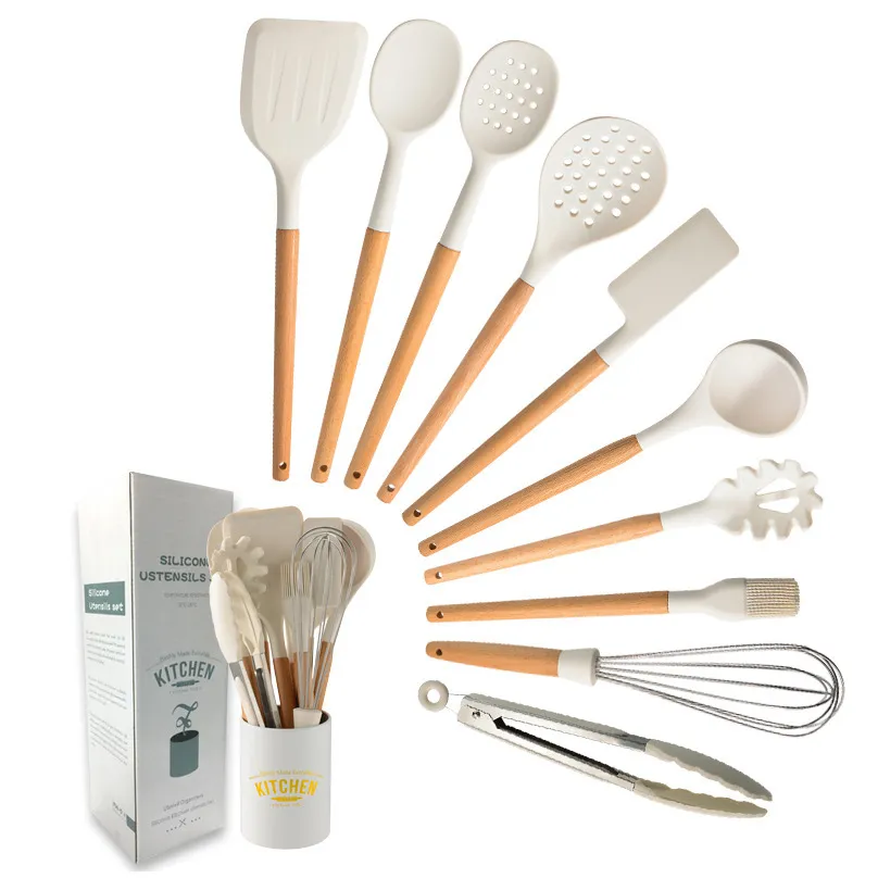 Custom wooden non-stick pan spatula soup spoon handle silicone kitchenware set 10 piece kitchen tools
