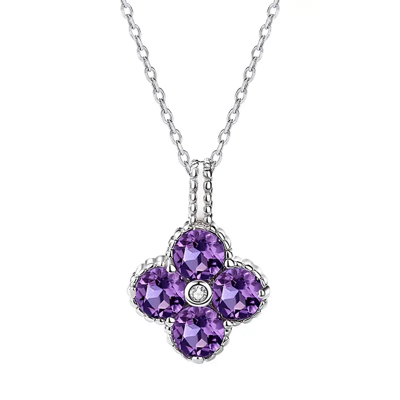 Hot Sale Women Four-leaf Clover Purple Gemstone Necklace Amethyst Pendant Necklaces Jewelry