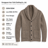 Cardigan en maille côtelée marron pour homme, col châle, boutonnage frontal, manches longues, poches plaquées, haut décontracté à superposer