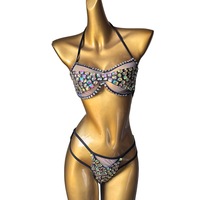 Ensemble de maillot de bain bikini à armatures pour femme, orné de strass et de découpes en maille, idéal pour la scène, les boîtes de nuit, les festivals de musique EDM et les soirées scintillantes, vente en gros et personnalisation