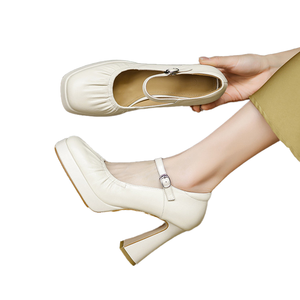Zapatos de Tacón Alto con Plataforma y Pliegues Elegantes para Mujer, Primavera 2026, Cuero Genuino de Alta Calidad, Tacón Cuadrado de 10 cm, Calzado Femenino Nuevo - Product Image 1