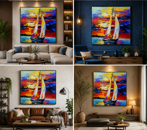 Pintura al Óleo Pintada a Mano Golden Sail, Arte de Paisaje Marino, Velero Impresionista, Decoración de Interiores, Obra de Arte Original - Product Image 2