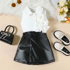 Ensembles deux pièces pour filles d'été, chemise sans manches à fleurs, short à boutons en <span class=keywords><strong>cuir</strong></span>, vêtements pour enfants de haute qualité - Product Image 3