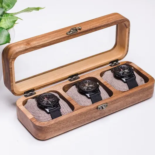 उपहार के लिए कांच के ढक्कन के साथ 3 स्लॉट लक्जरी अखरोट लकड़ी घड़ी संग्रह भंडारण बॉक्स डिस्प्ले बॉक्स केस कस्टम लोगो लकड़ी घड़ी बॉक्स