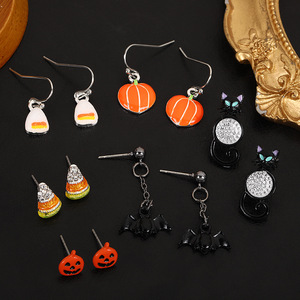 Halloween <b>Earring</b> Set Pumpkin Bat Cat Stud <b>Earrings</b> For Women Party Jewelry Zinc Alloy Stainless Steel <b>Post</b> - Product Image 2