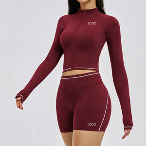 Ensemble de yoga uni pour femme, short taille haute, crop top à manches longues avec fermeture éclair sur le devant, sans couture, 2 pièces, tenue d'entraînement en Spandex et Polyester - Product Image 2