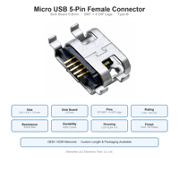 Conector Micro USB de 5 Pines Hembra para Placa de Circuito, 0.8mm SMT + 4 Patas DIP Tipo B, Patas de Montaje a Través de Orificio + Terminales SMT