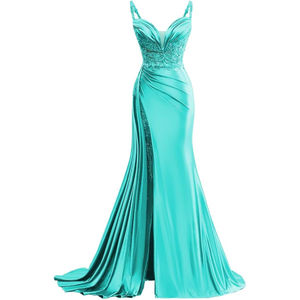 Abiti da ballo in raso con scollo a V lunghi <span class=keywords><strong>abito</strong></span> da sera in pizzo a sirena con spacco plissettato <span class=keywords><strong>abito</strong></span> formale con coda - Product Image 1